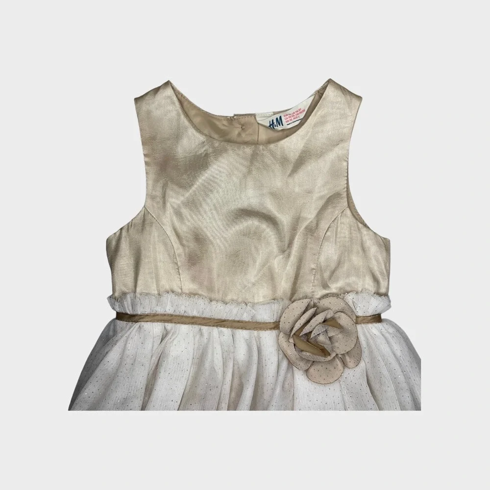 H&M Beige Decorative Belt Flower Glitter Tulle Dress - Picture 2 of 5
